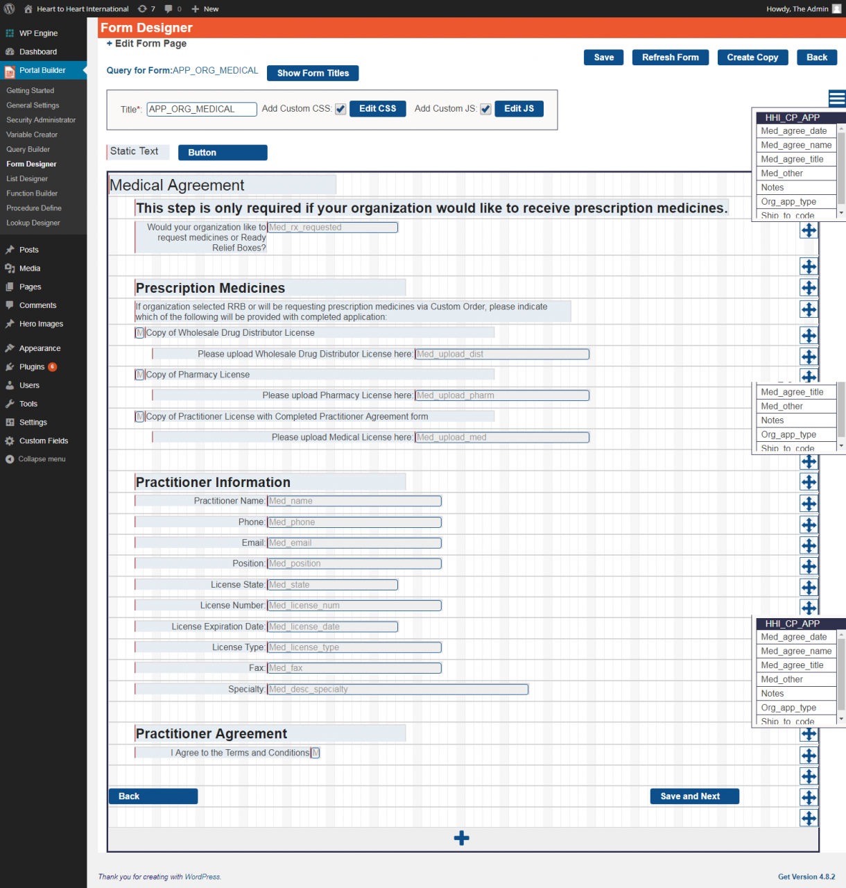 This image shows how the Portessa Portal Builder Form Designer tool can be used within WordPress to create custom forms.