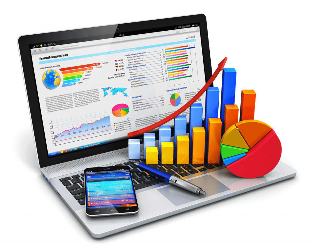 A graphic showing various forms of data reporting, including graphs. Reporting and data visualization is crucial for supply chain management.