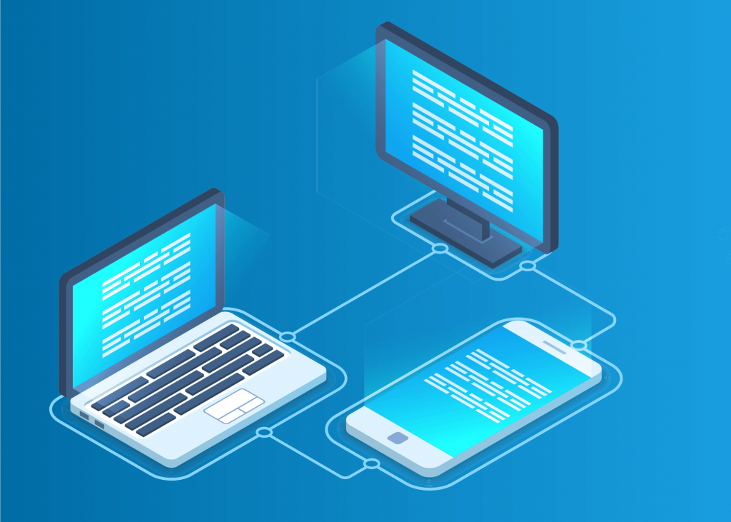 A graphic showing various types of computing devices: a laptop, a desktop, and a smartphone.